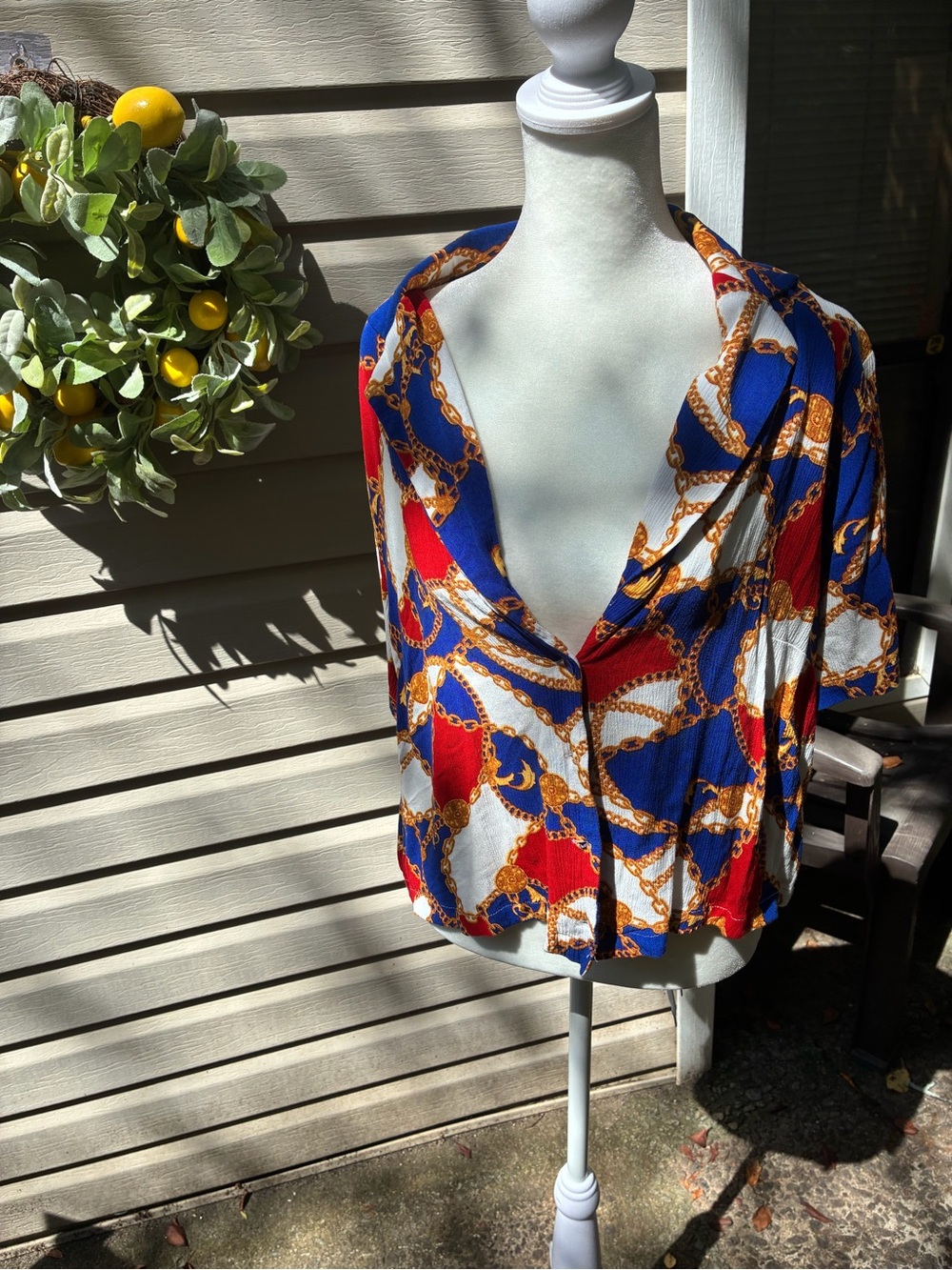 Fashion to Figure Chain-Print Button Down Blouse - Blue/Red/White/Gold